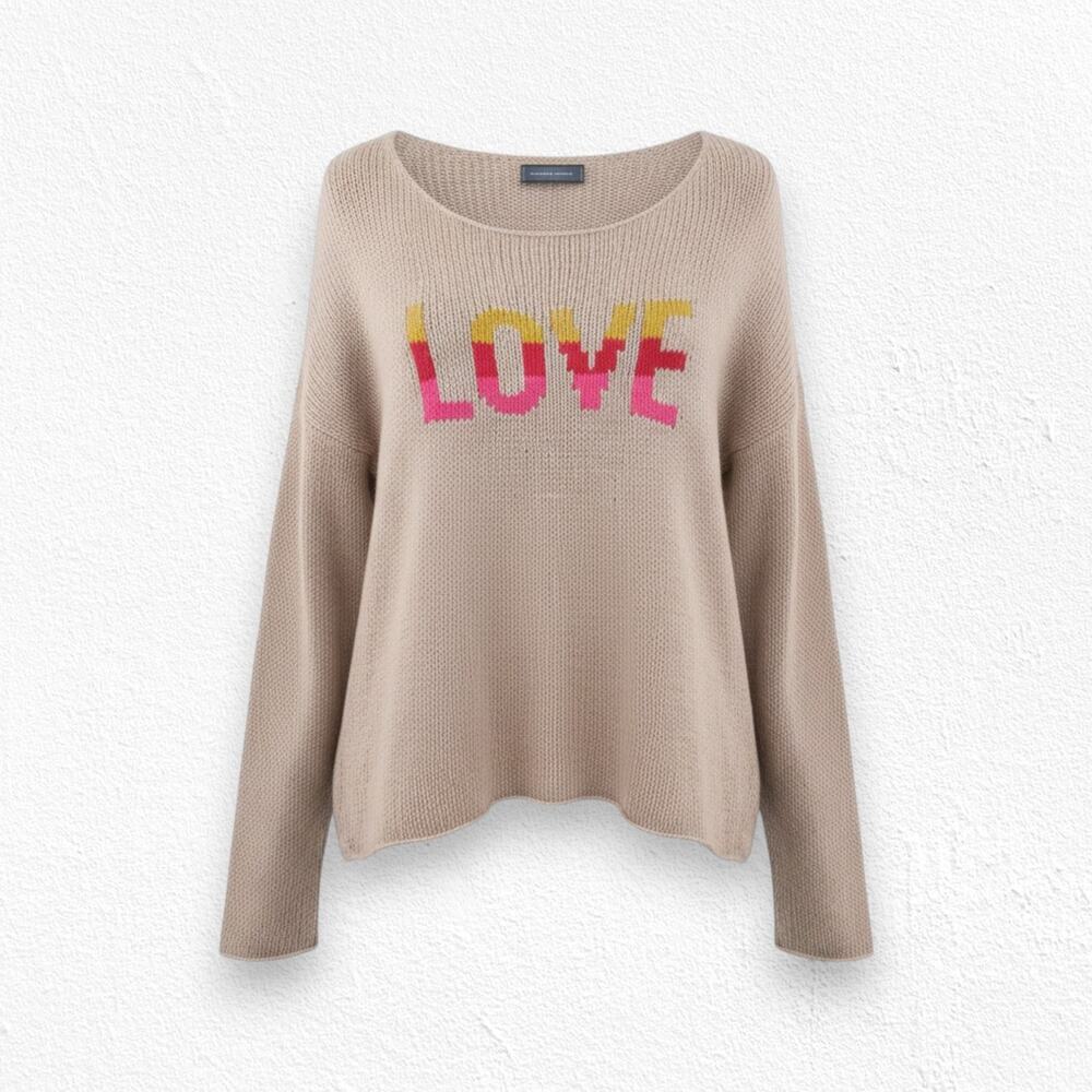 Wooden Ships LOVE Knit Sweater Tan Beige Rainbow Letters Pullover Size Medium